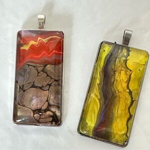 Fluid Art, Acrylic Hand Paint Pendants, Abstract, Glass cabochon 2 In Set 1876